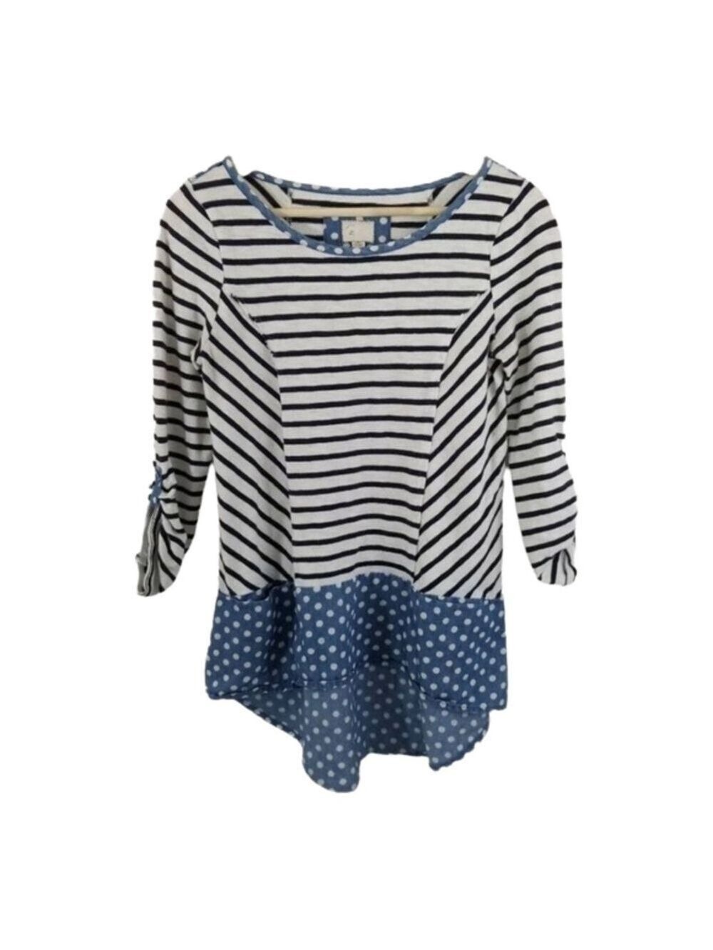 𝅺Anthropologie Postmark Fairley Postage Stamp Roll Tab Striped Polka Dot Shirt - Picture 2 of 12